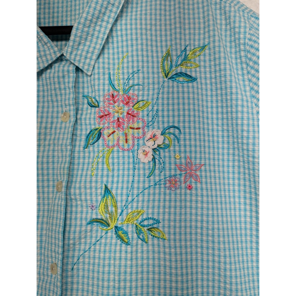 Koret Francisca Womens Turquoise Gingham Embroidered Floral Short Sleeve 28W - Picture 8 of 9